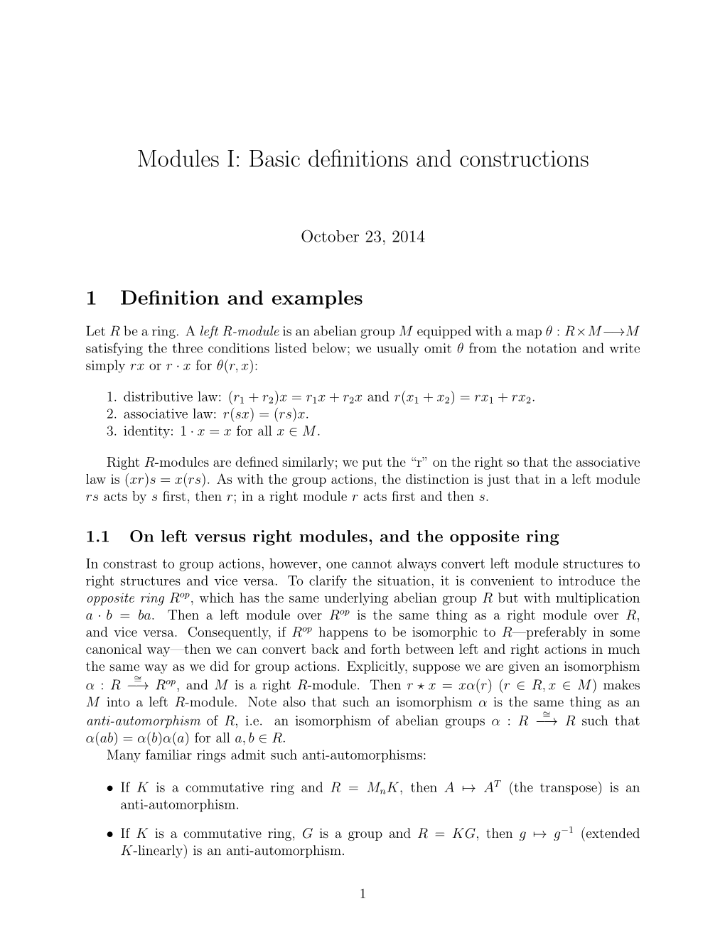 Modules I: Basic Definitions and Constructions