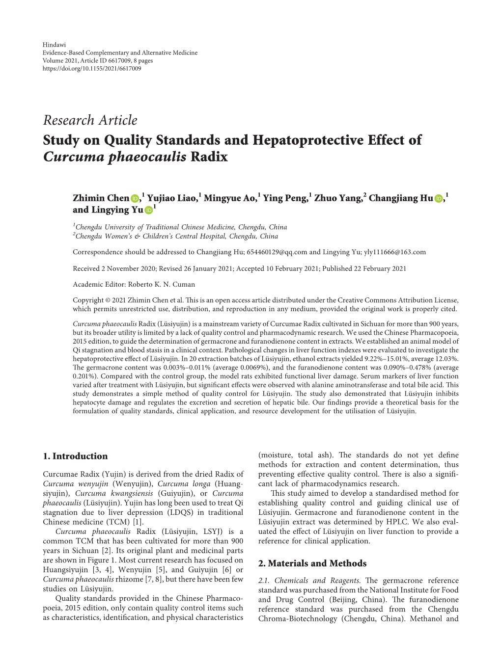 Research Article Study on Quality Standards and Hepatoprotective Effect of Curcuma Phaeocaulis Radix