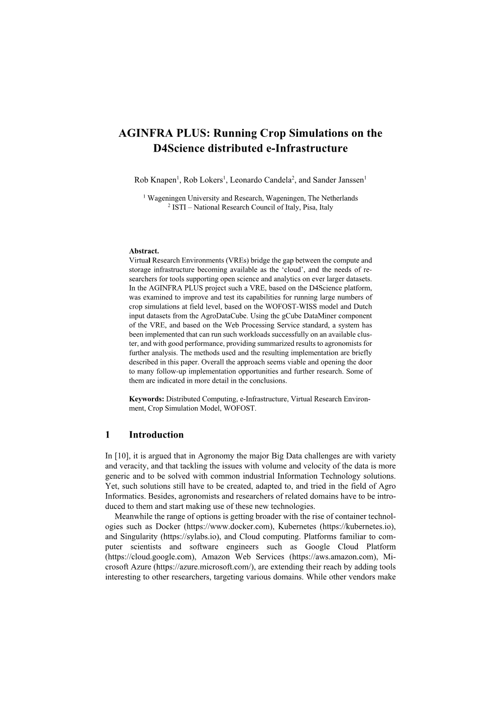 AGINFRA PLUS: Running Crop Simulations on the D4science Distributed E-Infrastructure