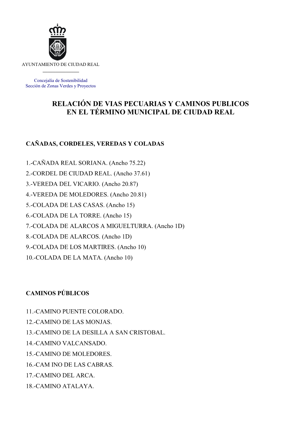 Relación De Vias Pecuarias Y Caminos Publicos En El Término Municipal De Ciudad Real