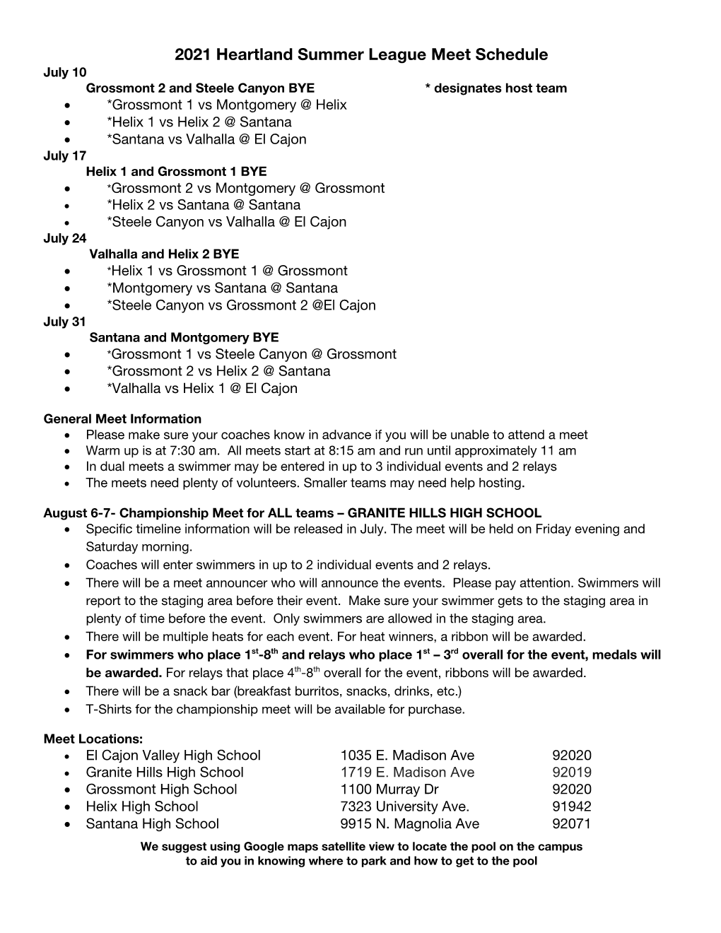 2021 Summer League Meets Schedule