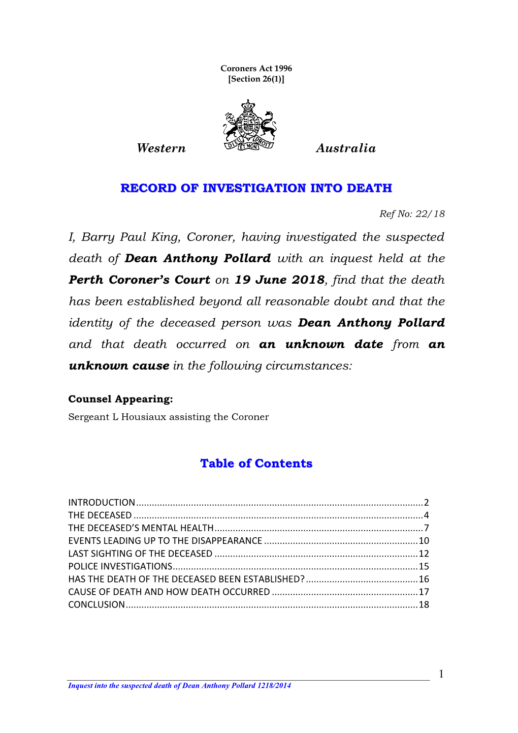 Record of Investigation Into Death