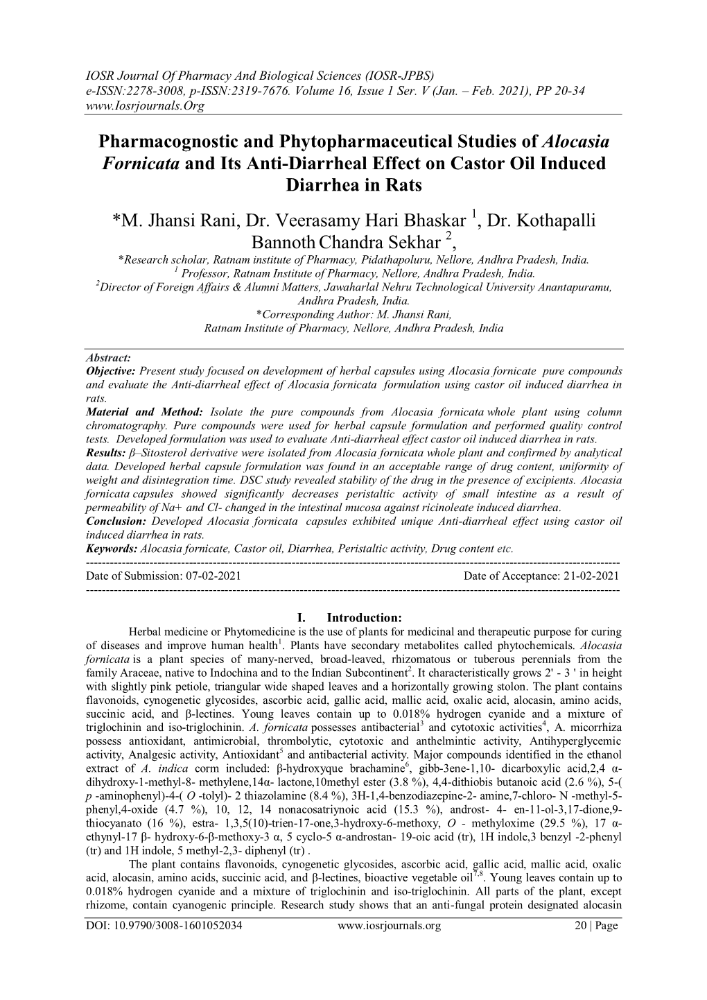 Pharmacognostic and Phytopharmaceutical Studies of Alocasia Fornicata and Its Anti-Diarrheal Effect on Castor Oil Induced Diarrhea in Rats