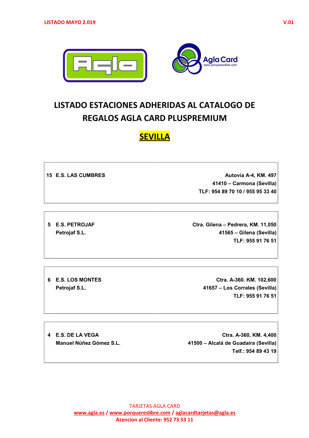 Listado Estaciones Adheridas Al Catalogo De Regalos Agla Card Pluspremium Sevilla