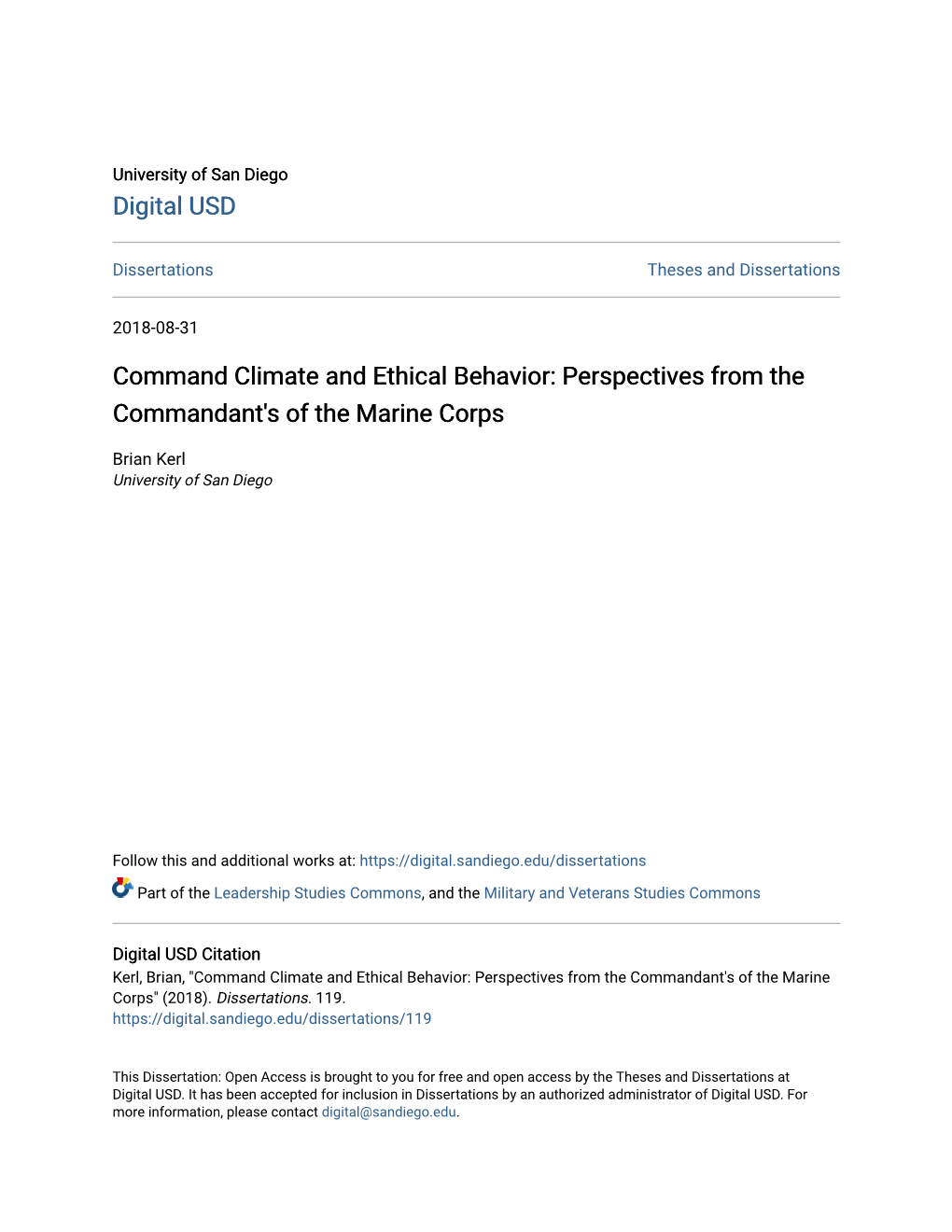 Command Climate and Ethical Behavior: Perspectives from the Commandant's of the Marine Corps