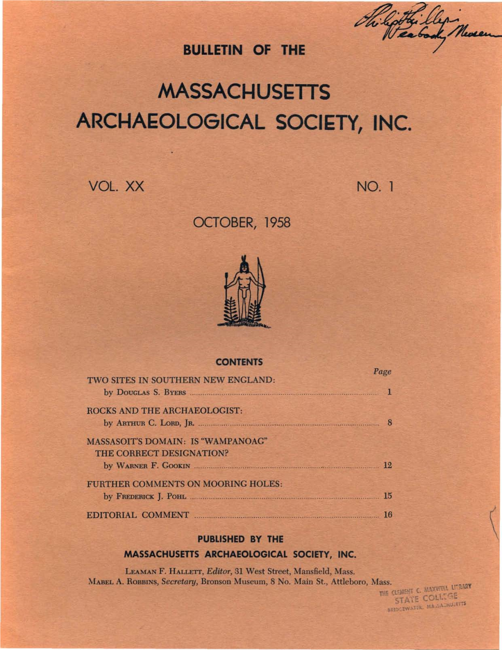Bulletin of the Massachusetts Archaeological Society, Vol. 20, No