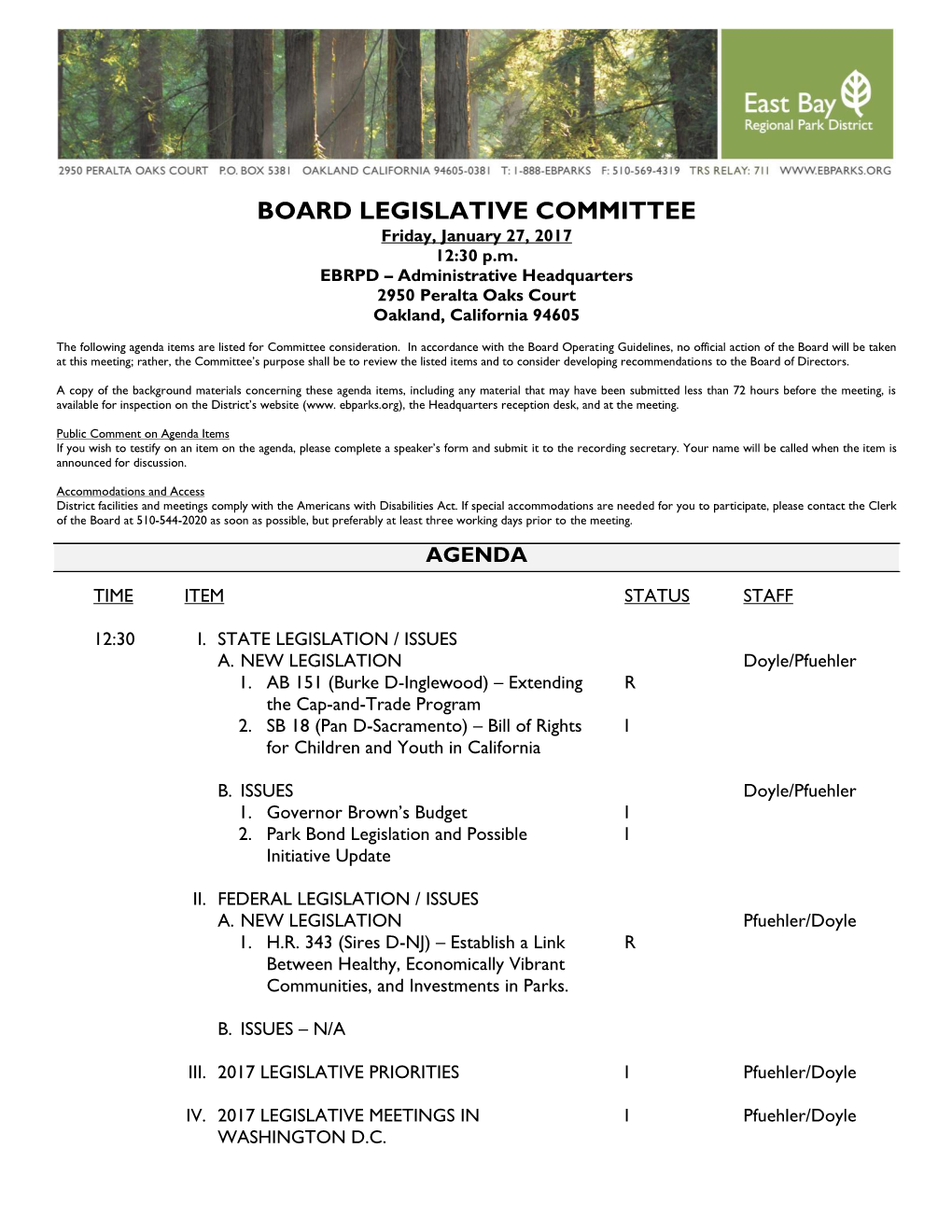 BOARD LEGISLATIVE COMMITTEE Friday, January 27, 2017 12:30 P.M