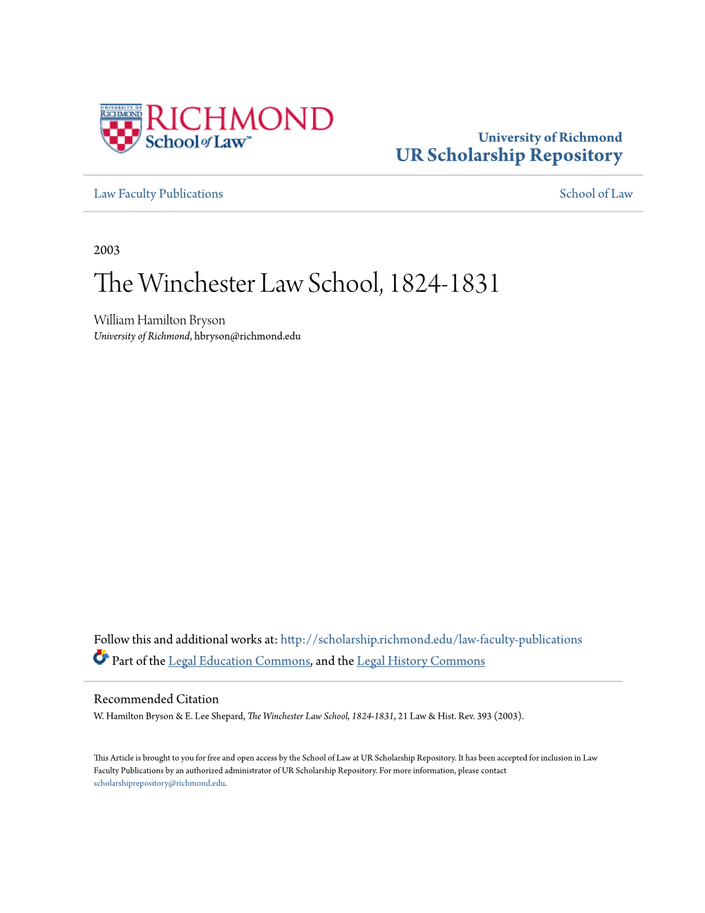 The Winchester Law School, 1824-1831, 21 Law & Hist