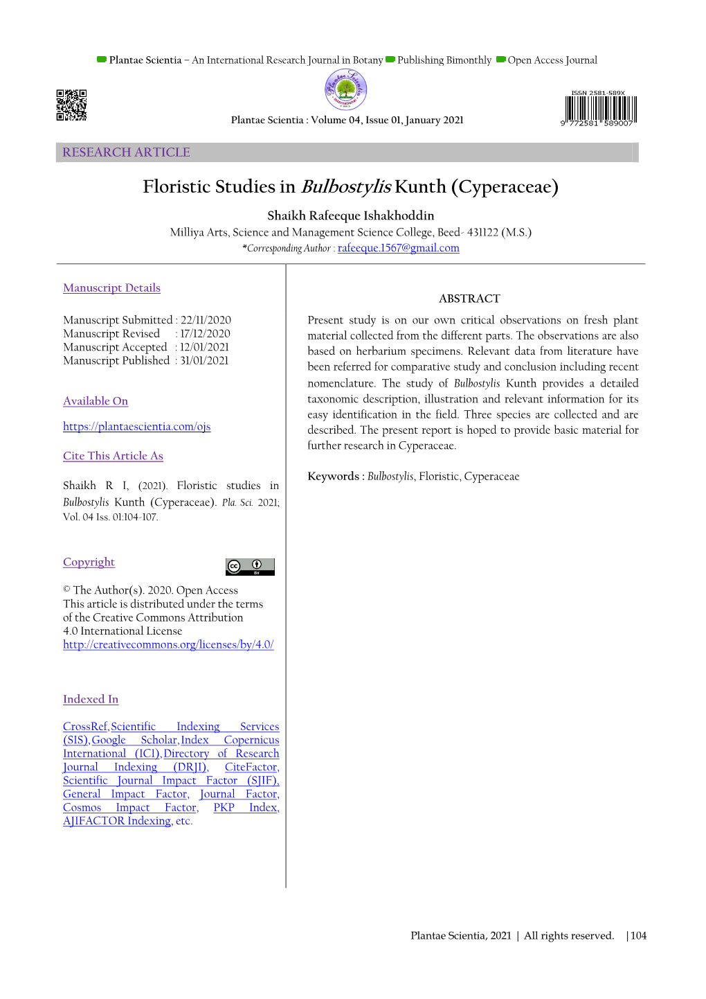 Floristic Studies in Bulbostylis Kunth (Cyperaceae)