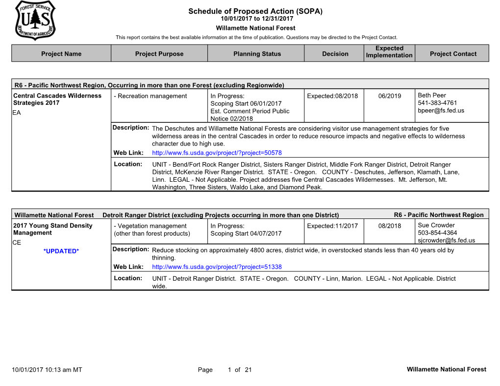 Schedule of Proposed Action (SOPA) 10/01/2017 to 12/31/2017 Willamette National Forest This Report Contains the Best Available Information at the Time of Publication