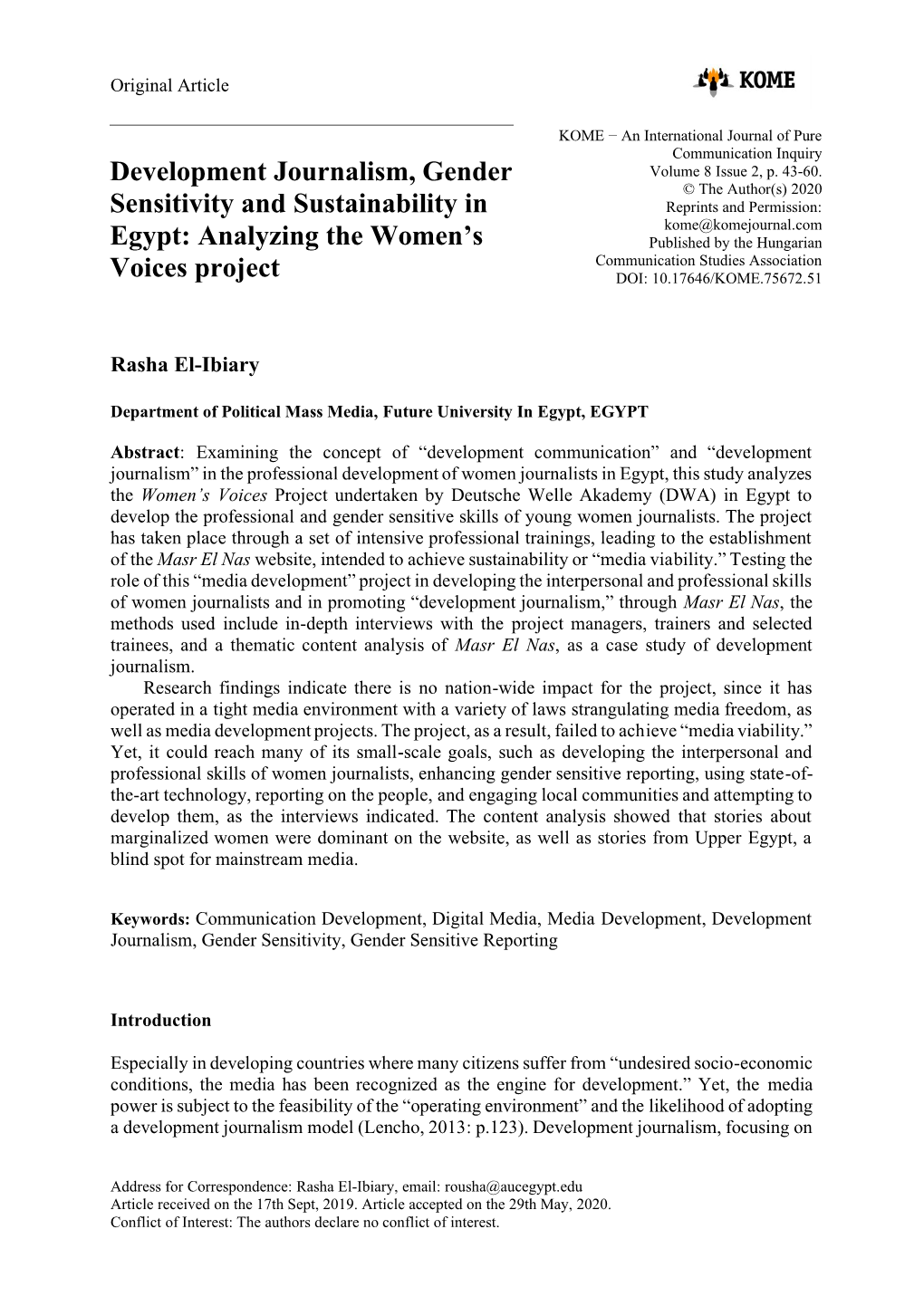 Development Journalism, Gender Sensitivity and Sustainability in Egypt