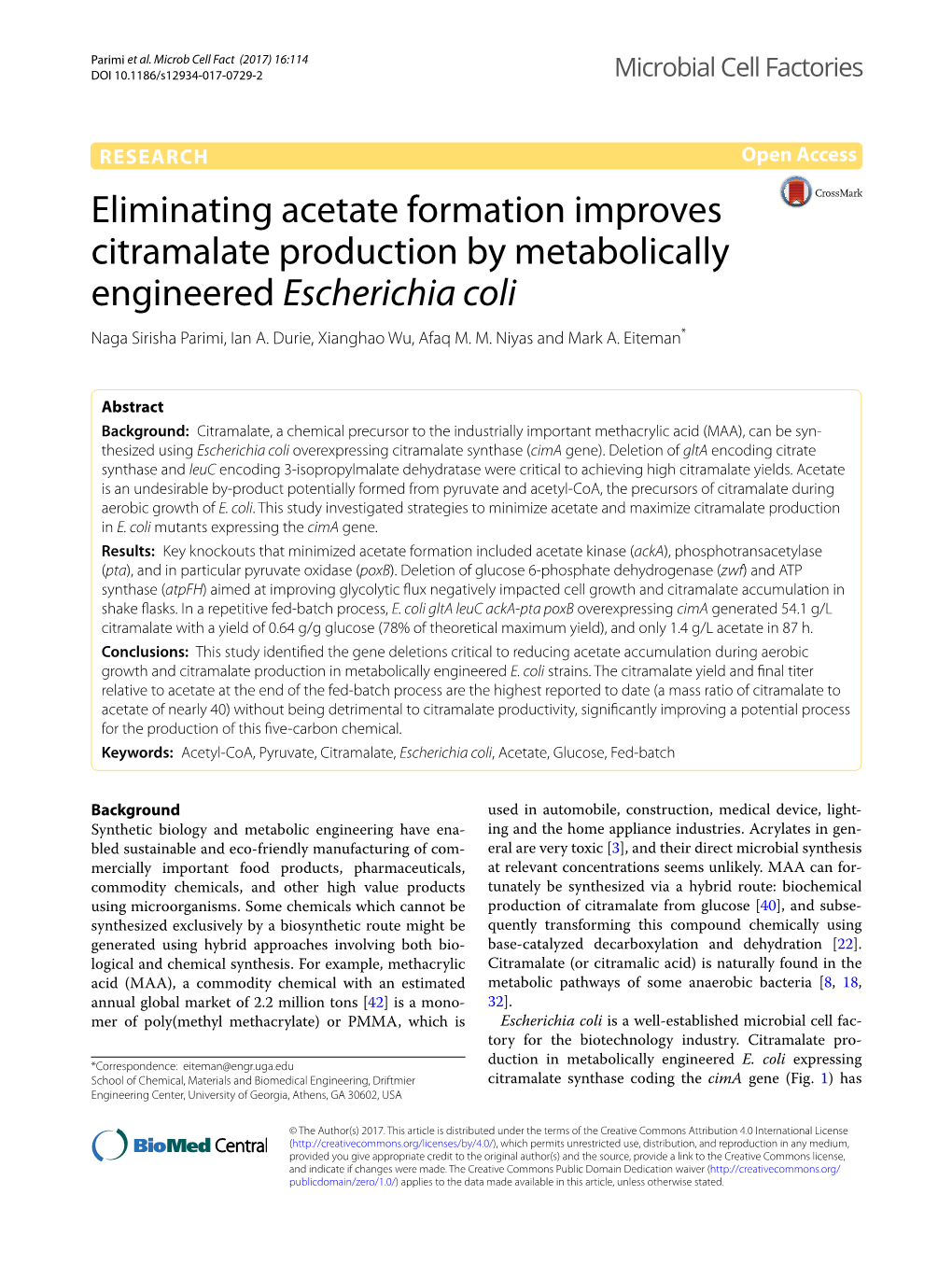 Eliminating Acetate Formation Improves Citramalate Production by Metabolically Engineered Escherichia Coli Naga Sirisha Parimi, Ian A
