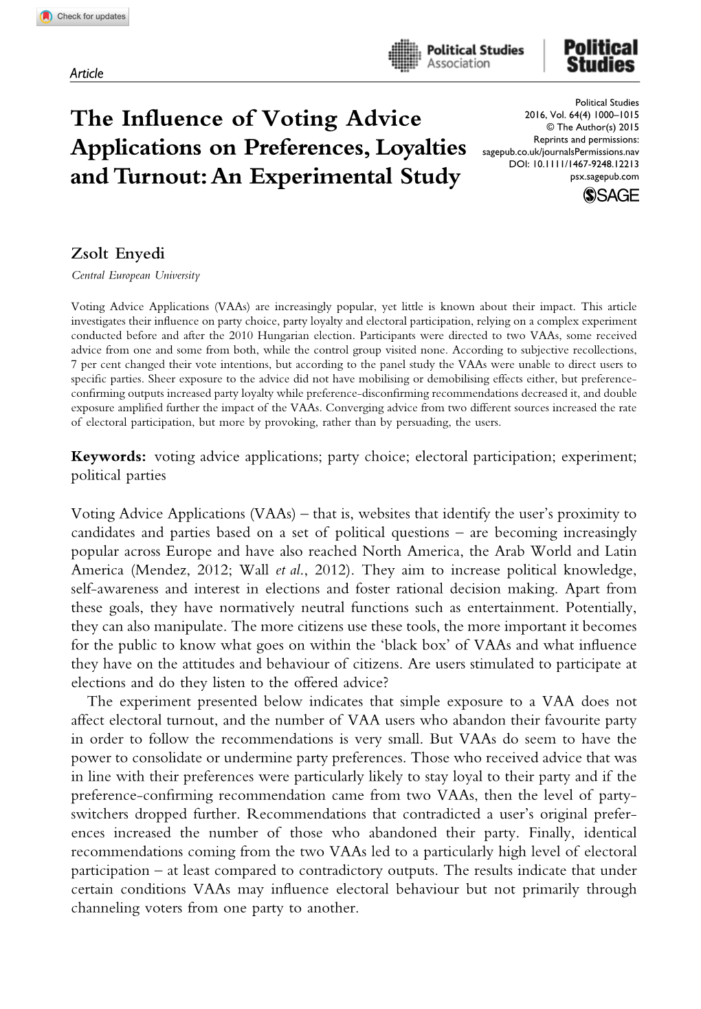 The Influence of Voting Advice Applications on Preferences, Loyalties and Turnout: an Experimental Study