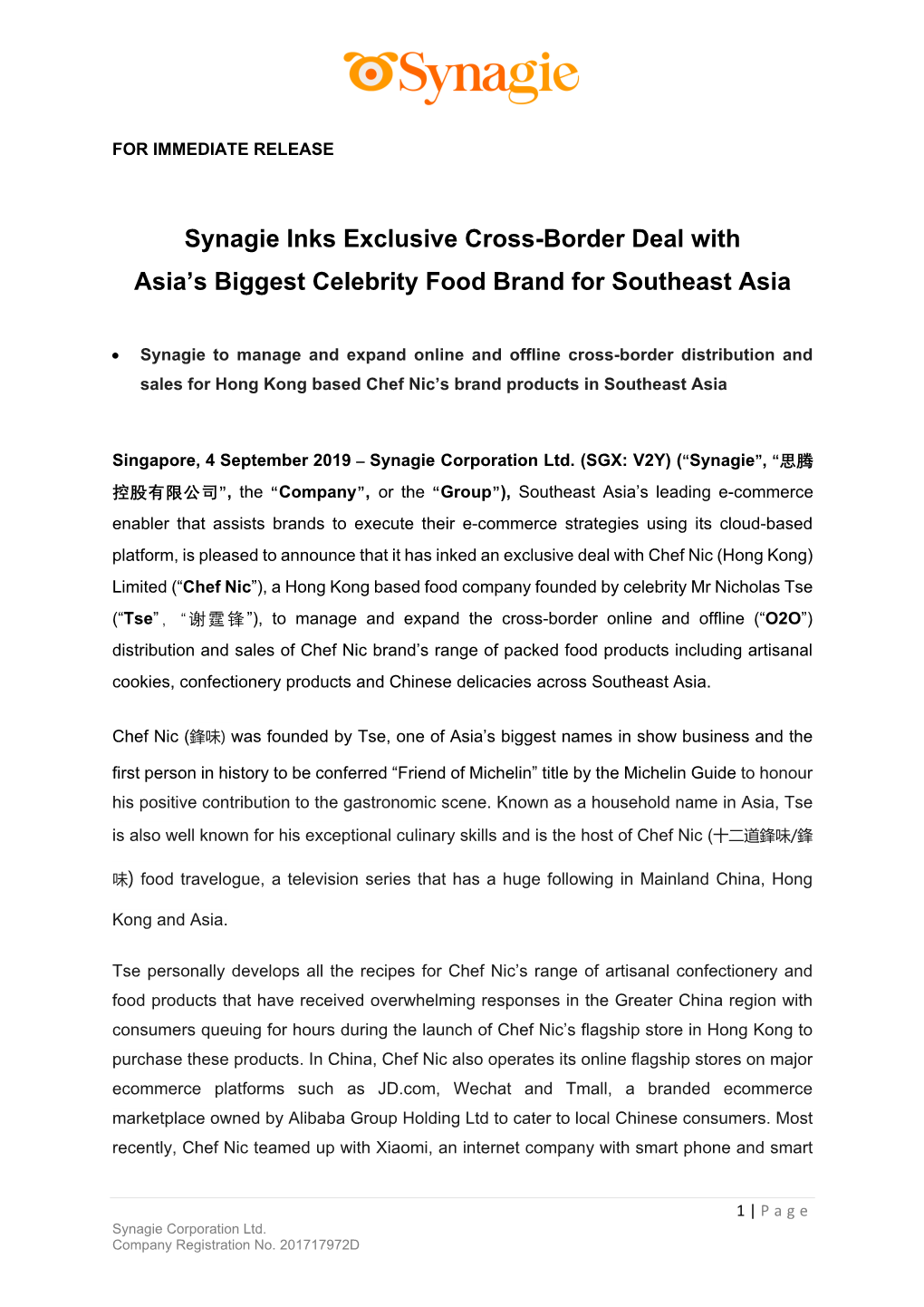 Synagie Inks Exclusive Cross-Border Deal with Asia's Biggest Celebrity