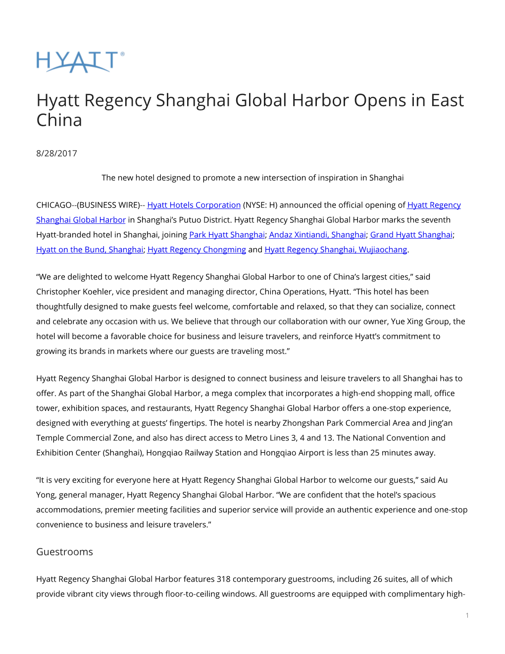 Hyatt Regency Shanghai Global Harbor Opens in East China