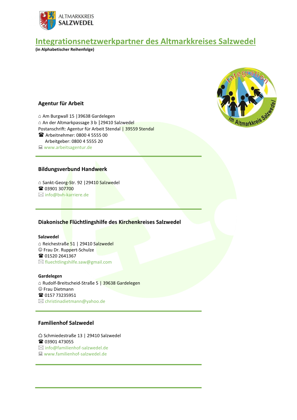 Integrationsnetzwerkpartner Des Altmarkkreises Salzwedel (In Alphabetischer Reihenfolge)