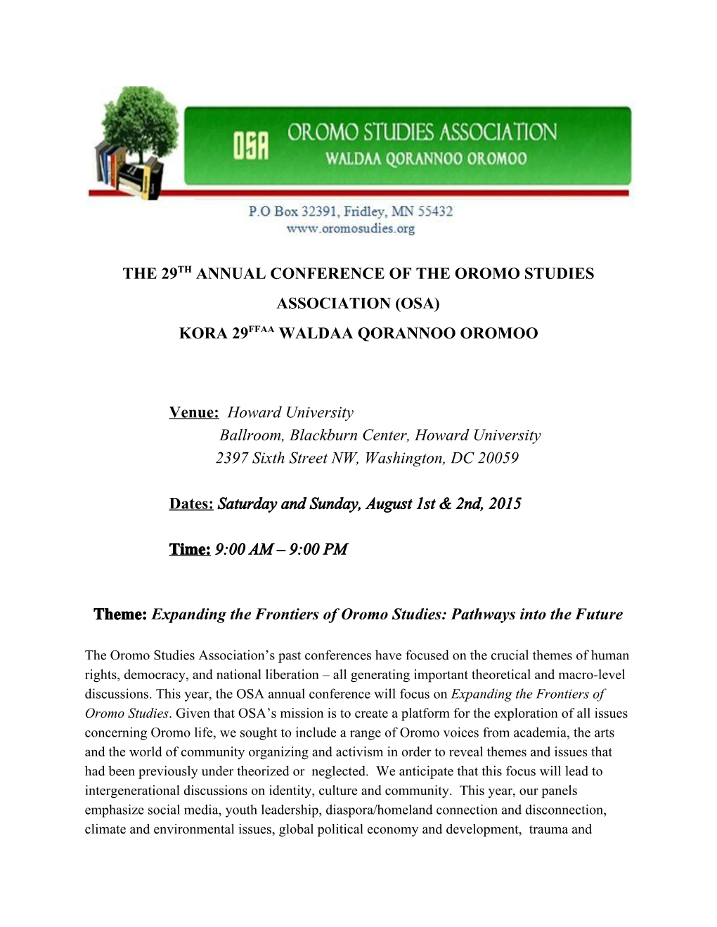 The 29​Th​ Annual Conference of the Oromo Studies Association (Osa)