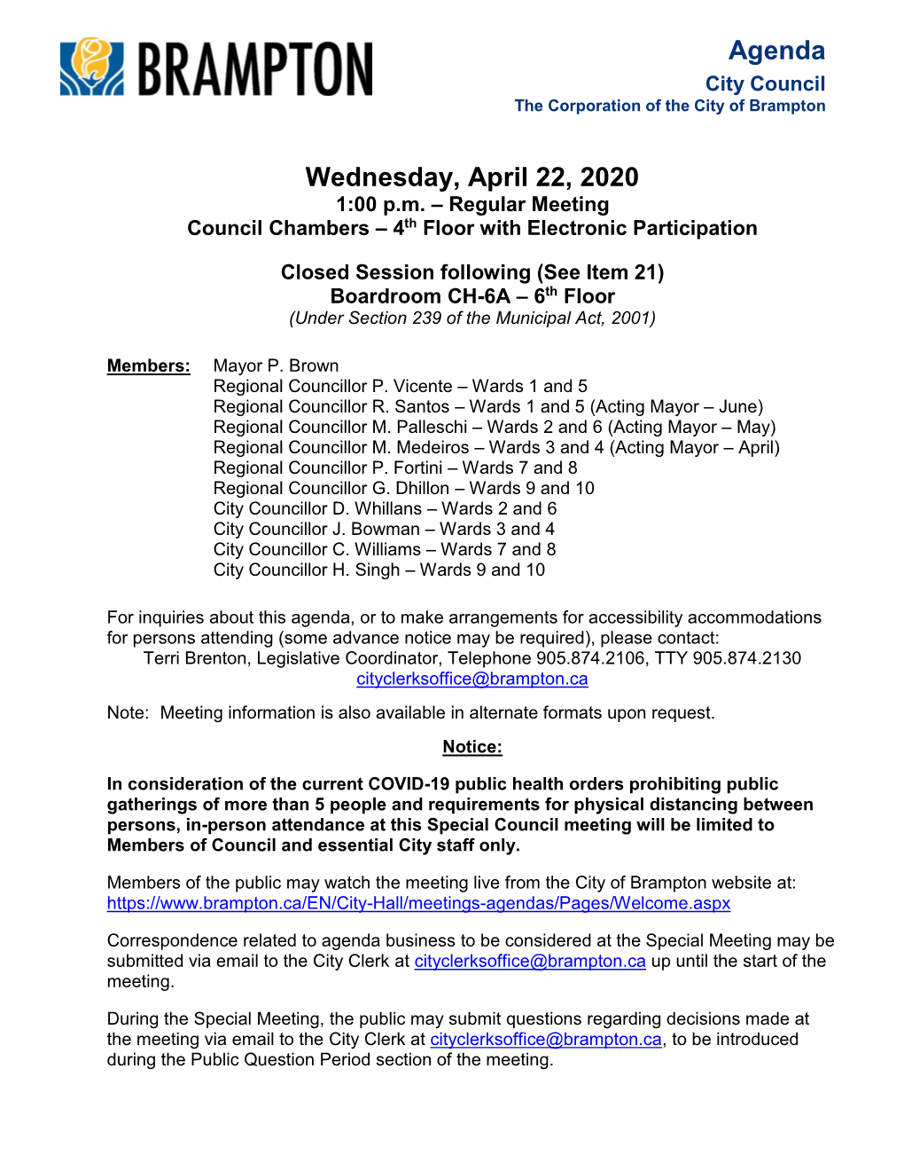 City Council Agenda for April 22, 2020