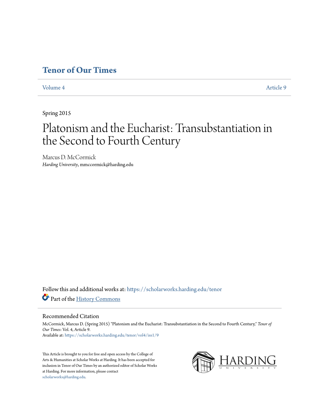 Platonism and the Eucharist: Transubstantiation in the Second to Fourth Century Marcus D