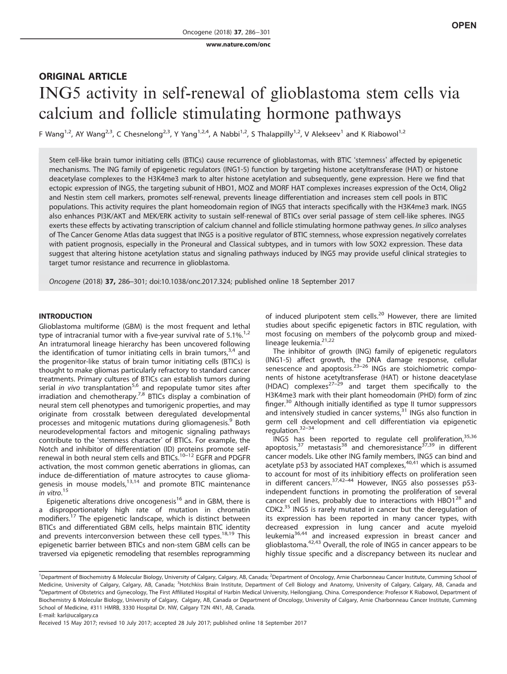 ING5 Activity in Self-Renewal of Glioblastoma Stem Cells Via Calcium and Follicle Stimulating Hormone Pathways