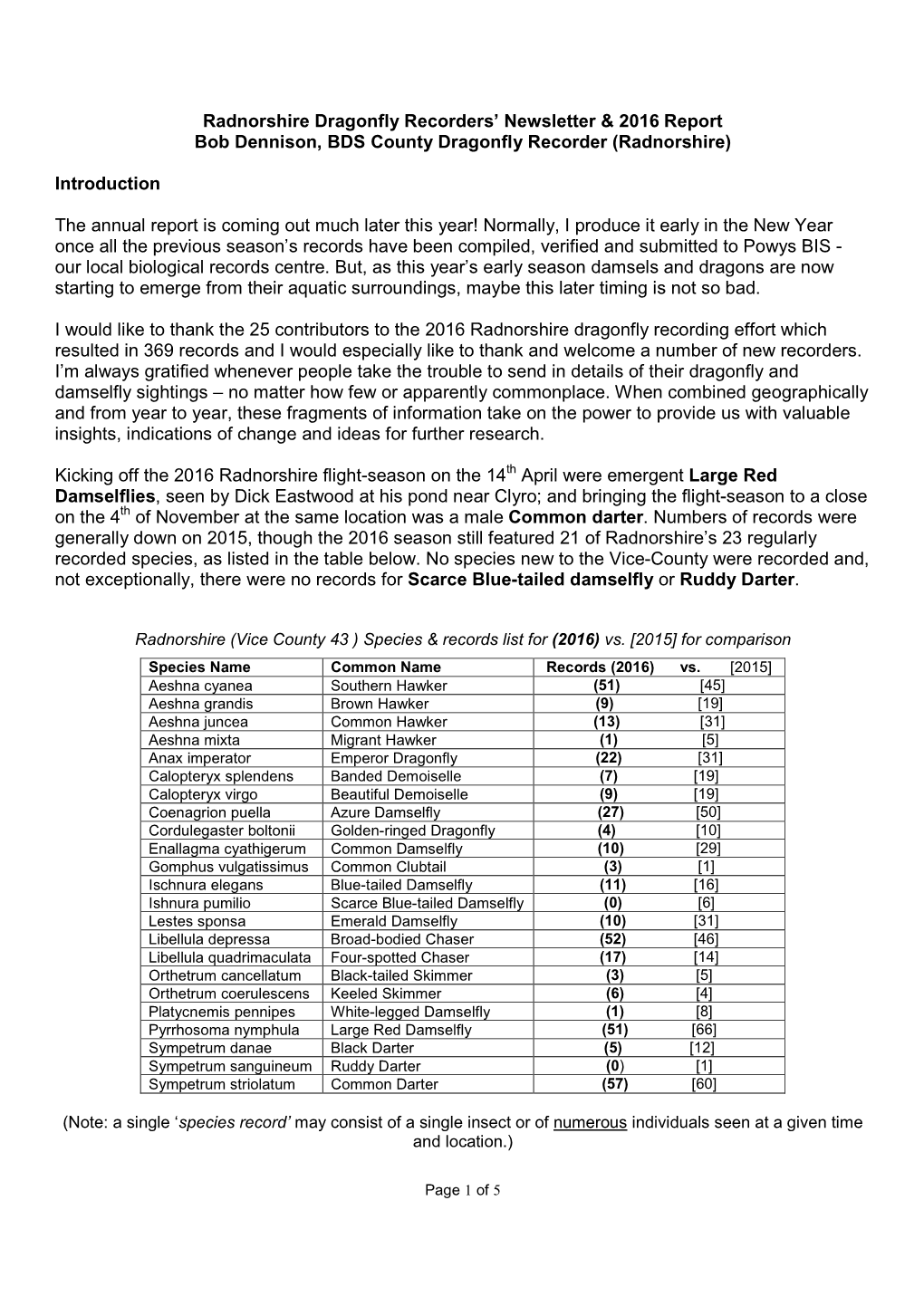 Radnorshire Dragonfly Recorders' Newsletter & 2016 Report