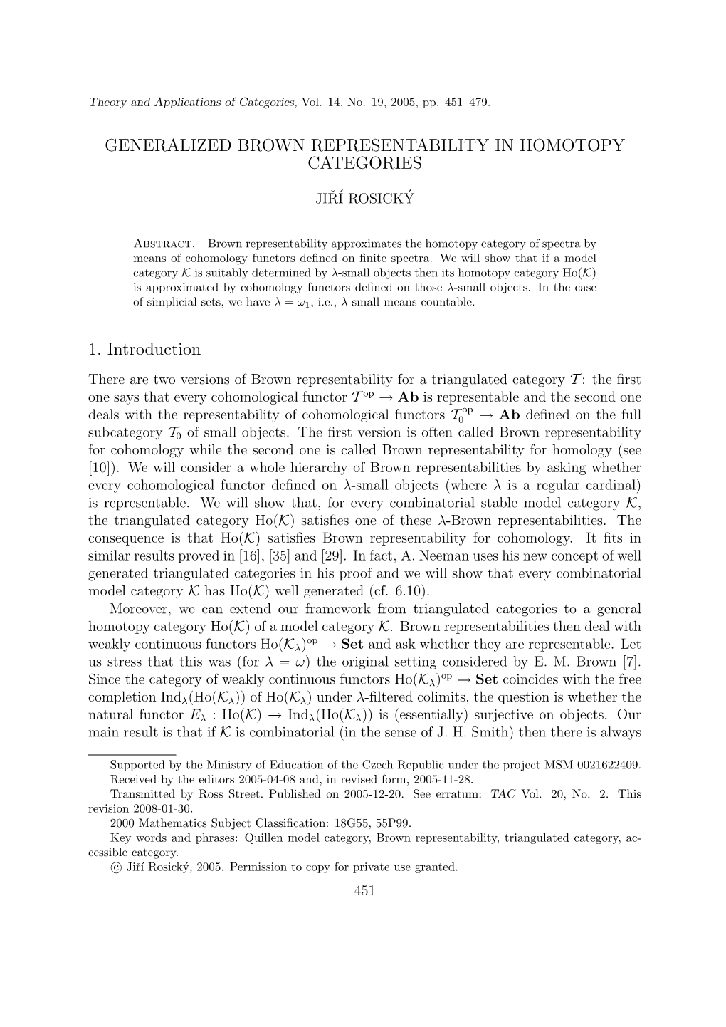 GENERALIZED BROWN REPRESENTABILITY in HOMOTOPY CATEGORIES 1. Introduction