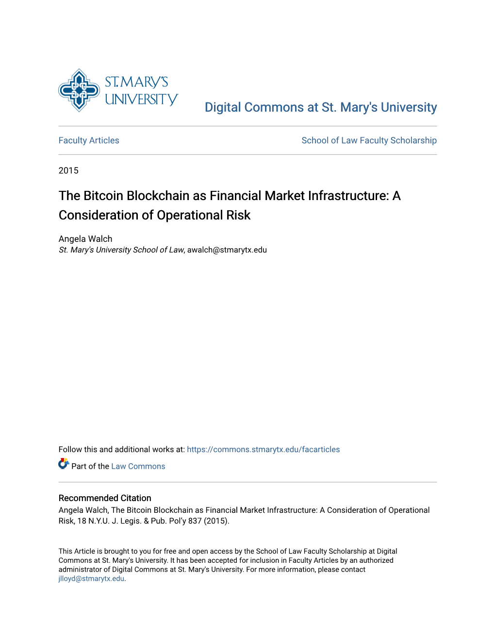 The Bitcoin Blockchain As Financial Market Infrastructure: a Consideration of Operational Risk