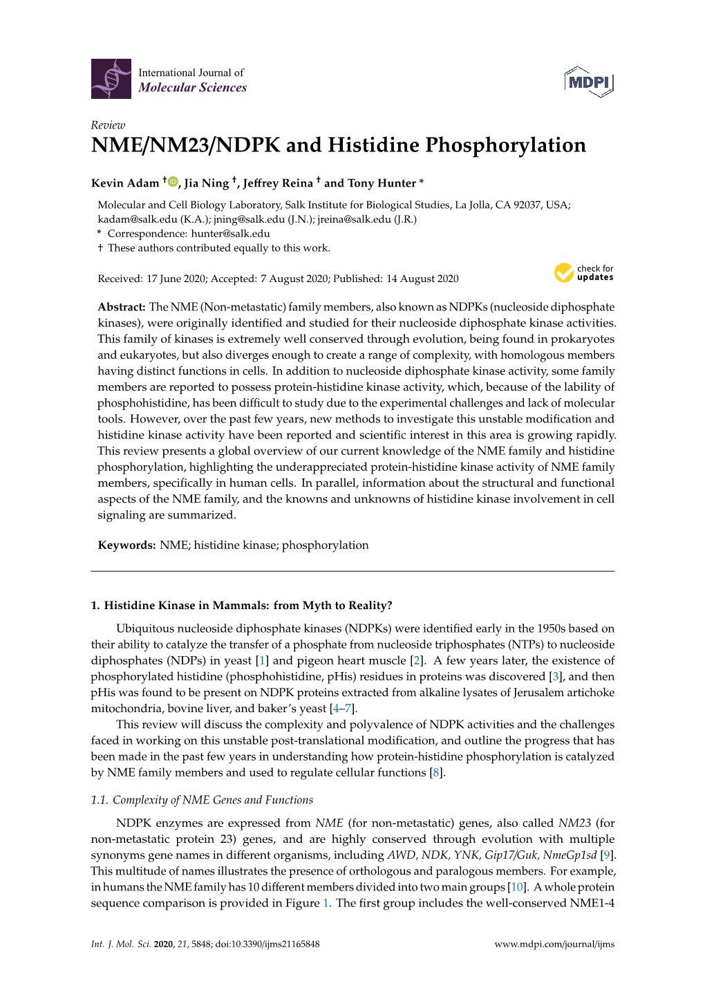 NME/NM23/NDPK and Histidine Phosphorylation