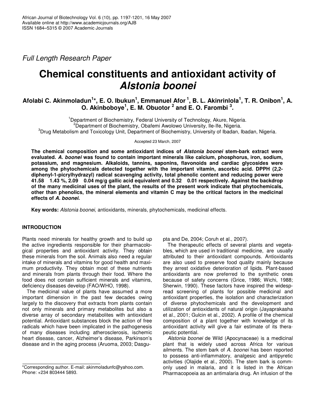 Chemical Constituents and Antioxidant Activity of Alstonia Boonei