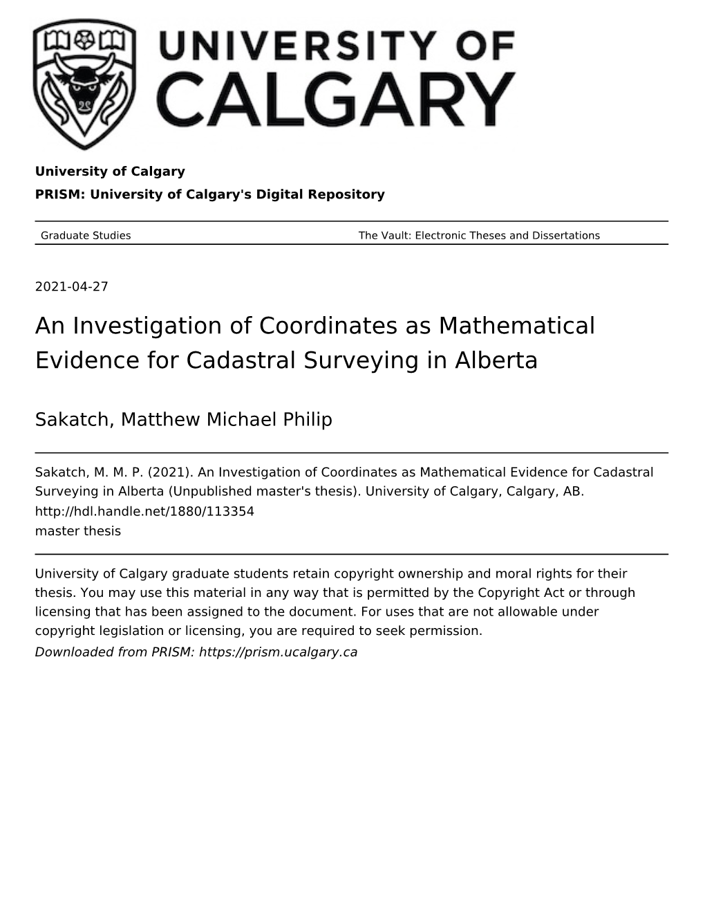 An Investigation of Coordinates As Mathematical Evidence for Cadastral Surveying in Alberta