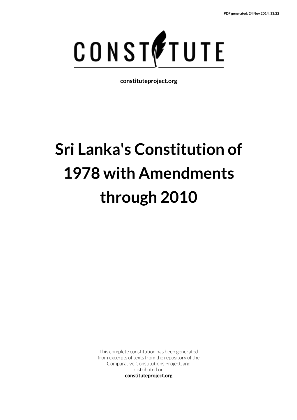 Sri Lanka's Constitution of 1978 with Amendments Through 2010