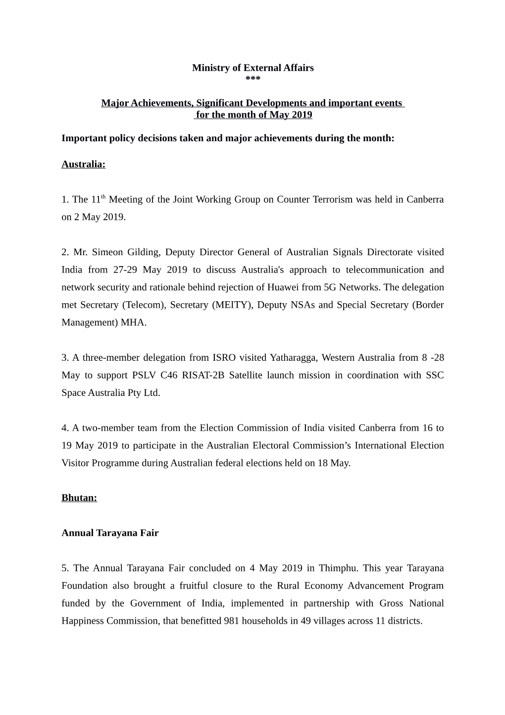 Ministry of External Affairs *** Major Achievements, Significant Developments and Important Events for the Month of May 2019