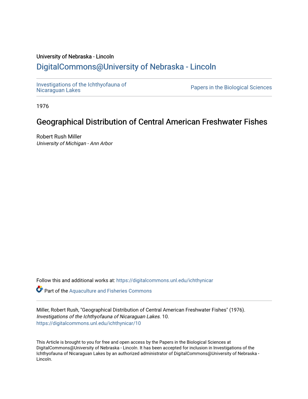 Geographical Distribution of Central American Freshwater Fishes