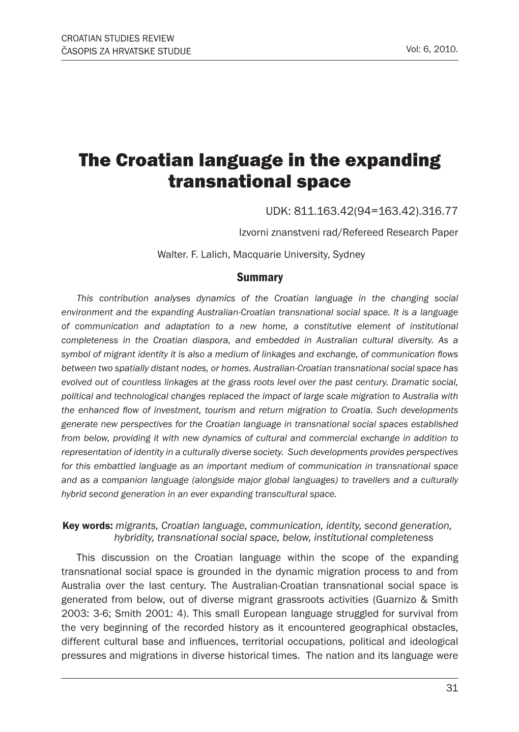The Croatian Language in the Expanding Transnational Space