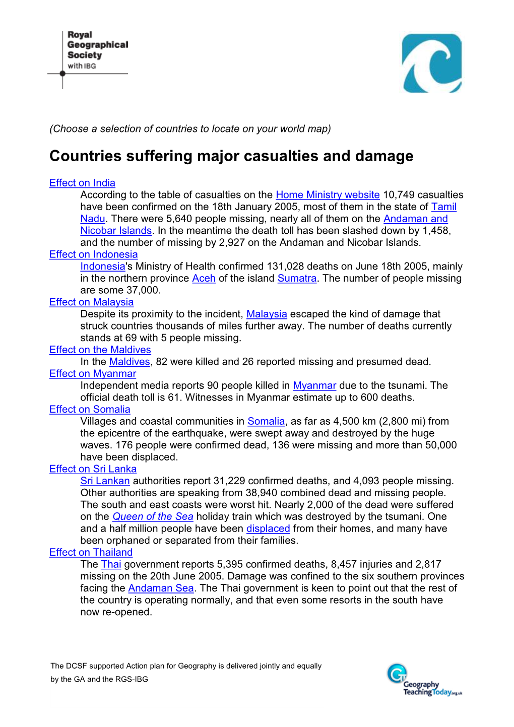 Countries Suffering Major Casualties and Damage