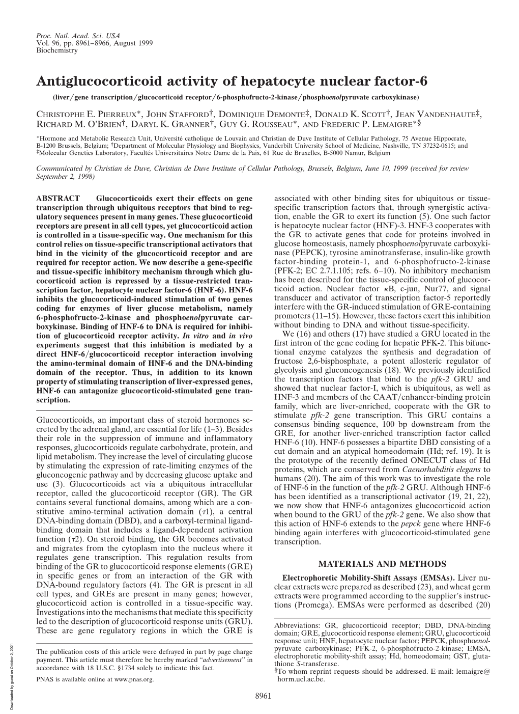 Antiglucocorticoid Activity of Hepatocyte Nuclear Factor-6