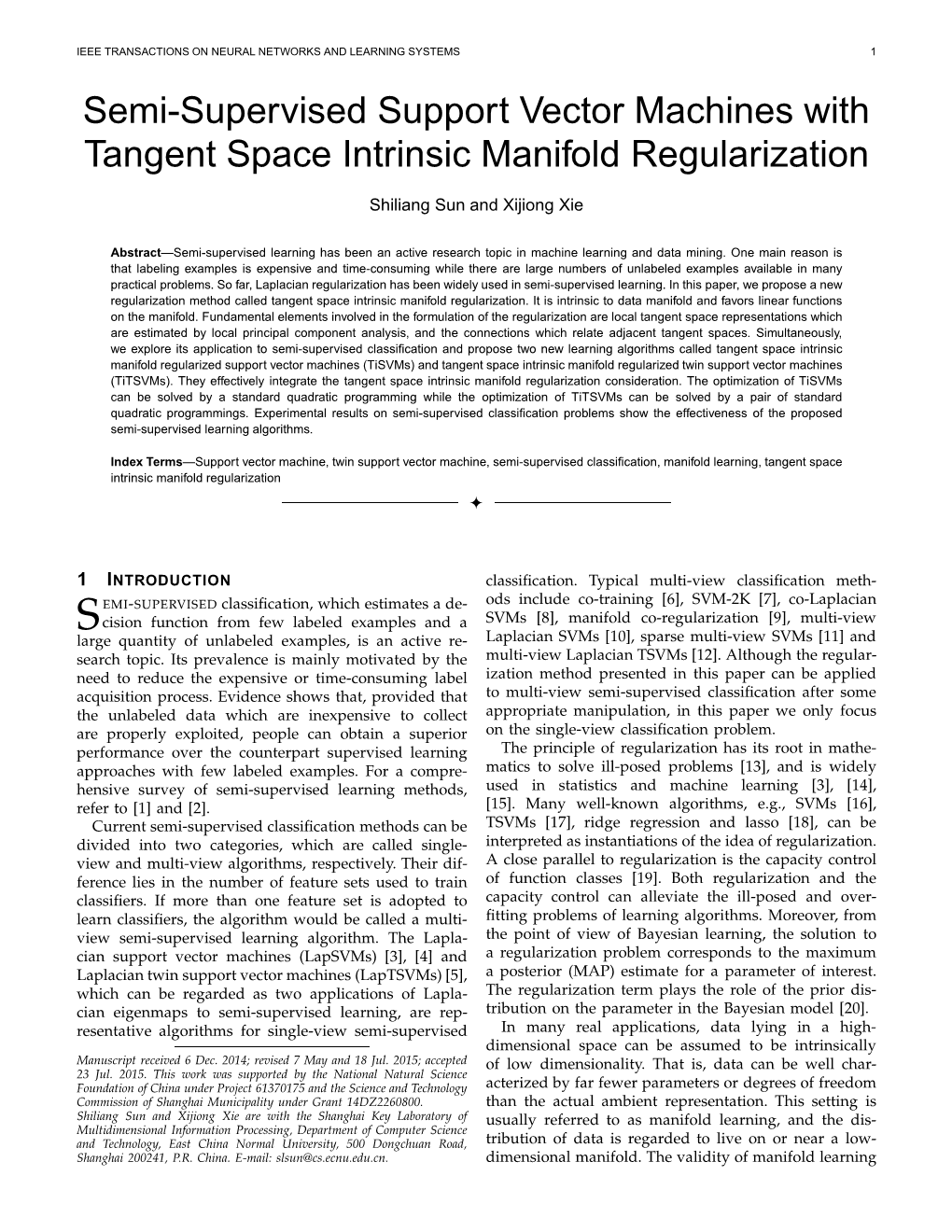 Semi-Supervised Support Vector Machines with Tangent Space Intrinsic Manifold Regularization