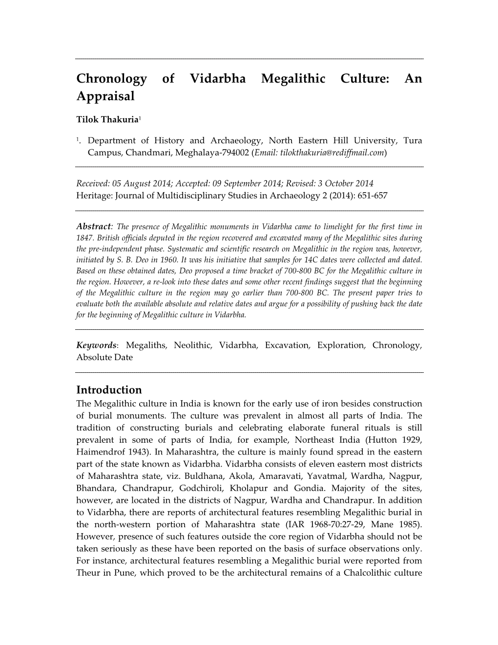 Chronology of Vidarbha Megalithic Culture: an Appraisal