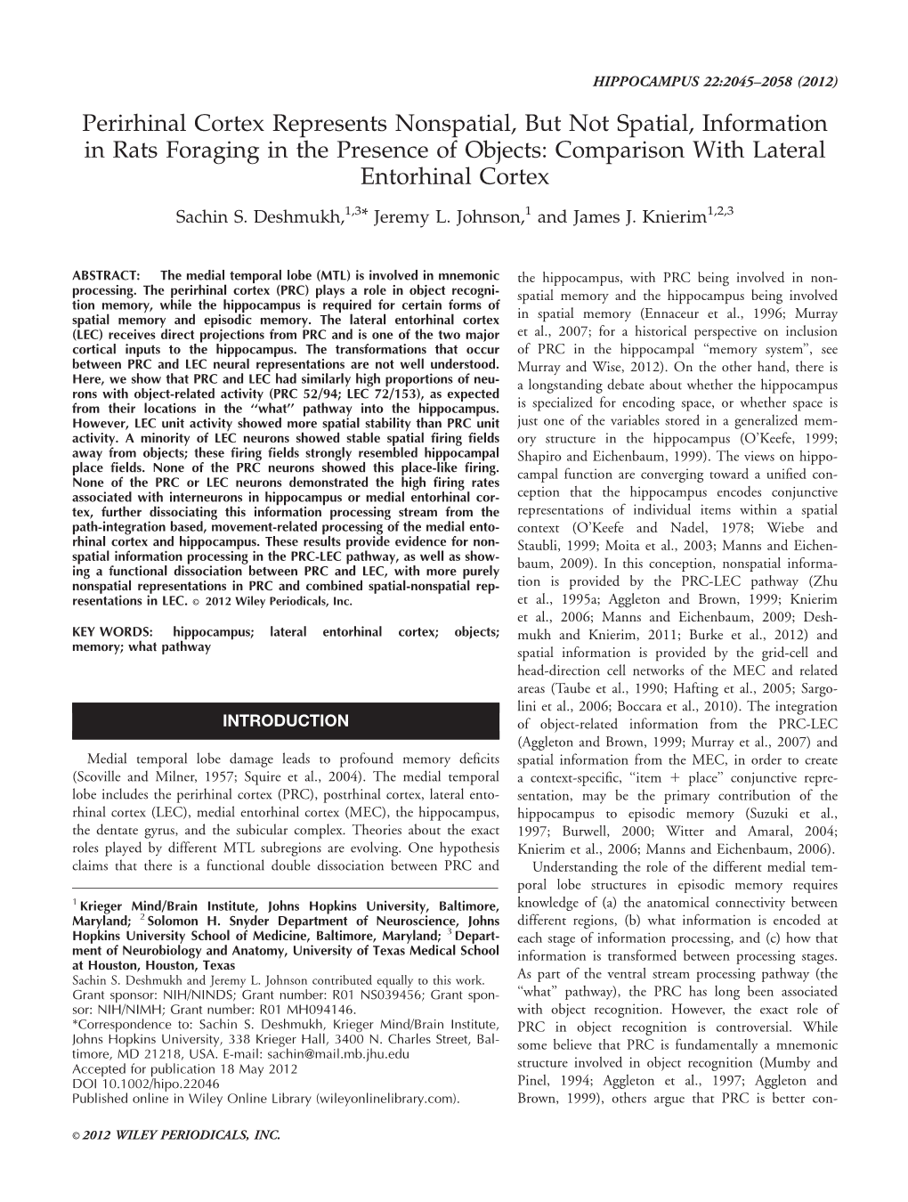 Perirhinal Cortex Represents Nonspatial, but Not Spatial, Information in Rats Foraging in the Presence of Objects: Comparison with Lateral Entorhinal Cortex