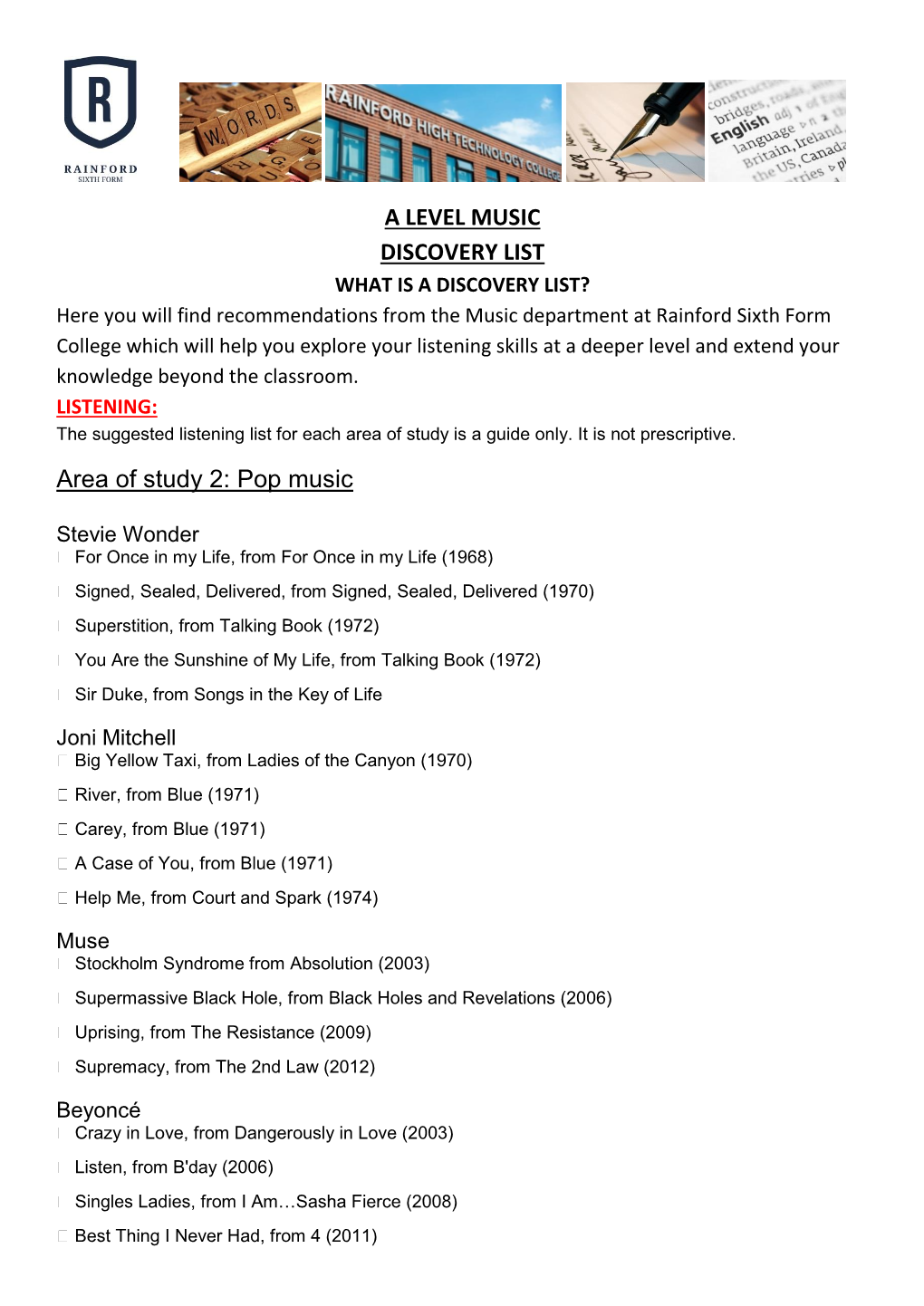 A LEVEL MUSIC DISCOVERY LIST Area of Study 2