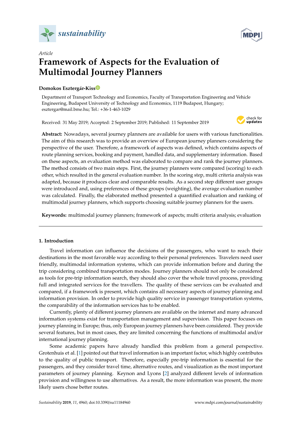 Framework of Aspects for the Evaluation of Multimodal Journey Planners