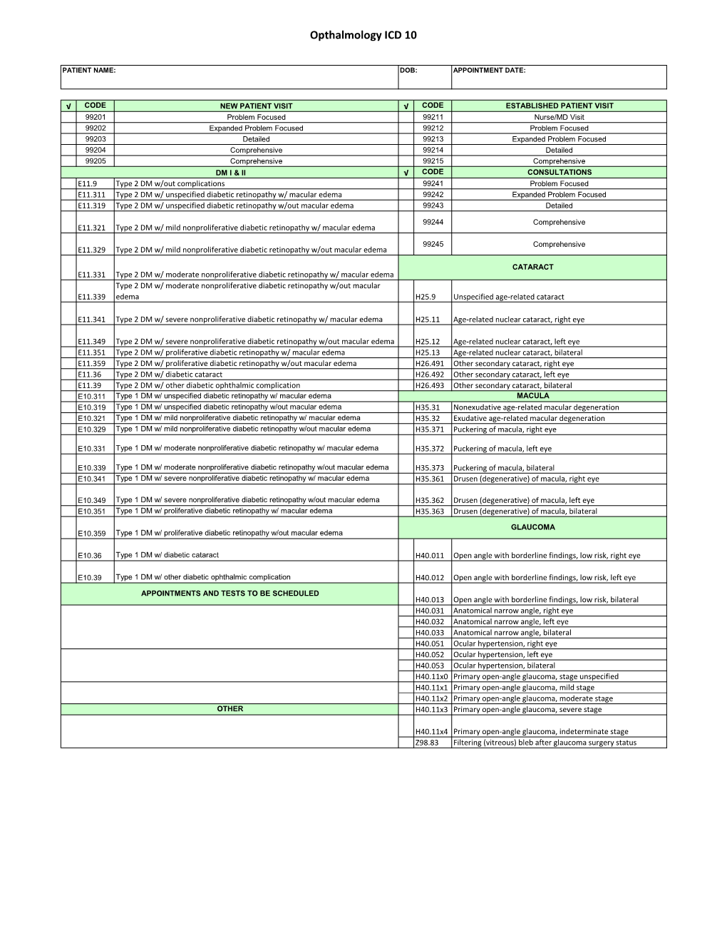 Opthalmology ICD 10