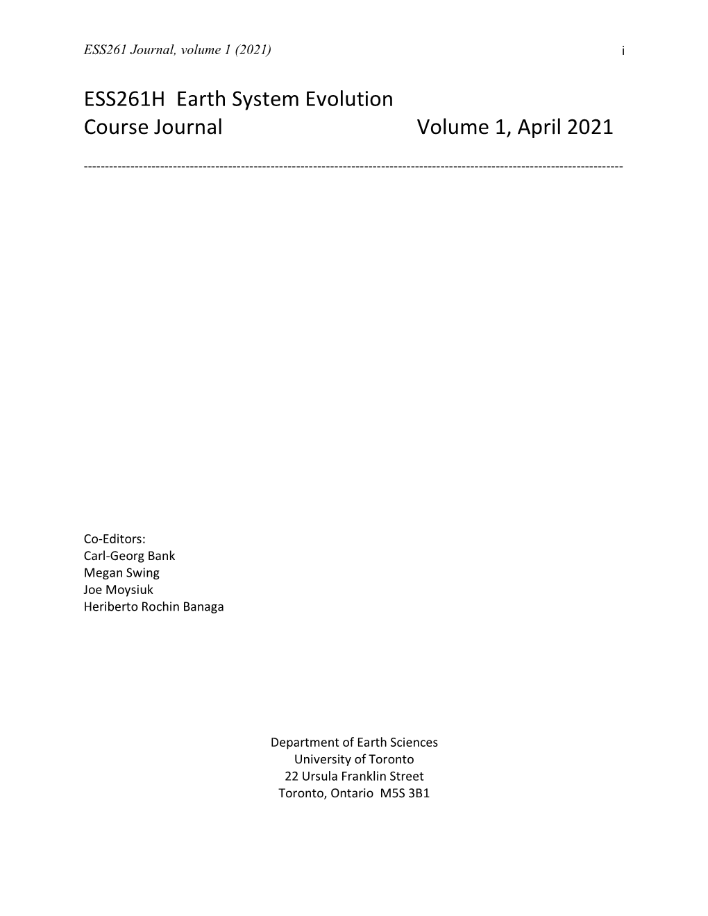 ESS261H Earth System Evolution Course Journal Volume 1, April 2021