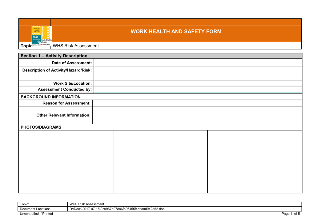 Risk Assessment Tool - Plant & Equipment