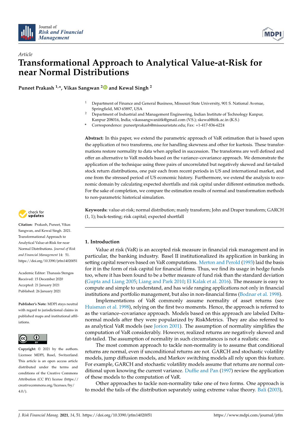 Transformational Approach to Analytical Value-At-Risk for Near Normal Distributions