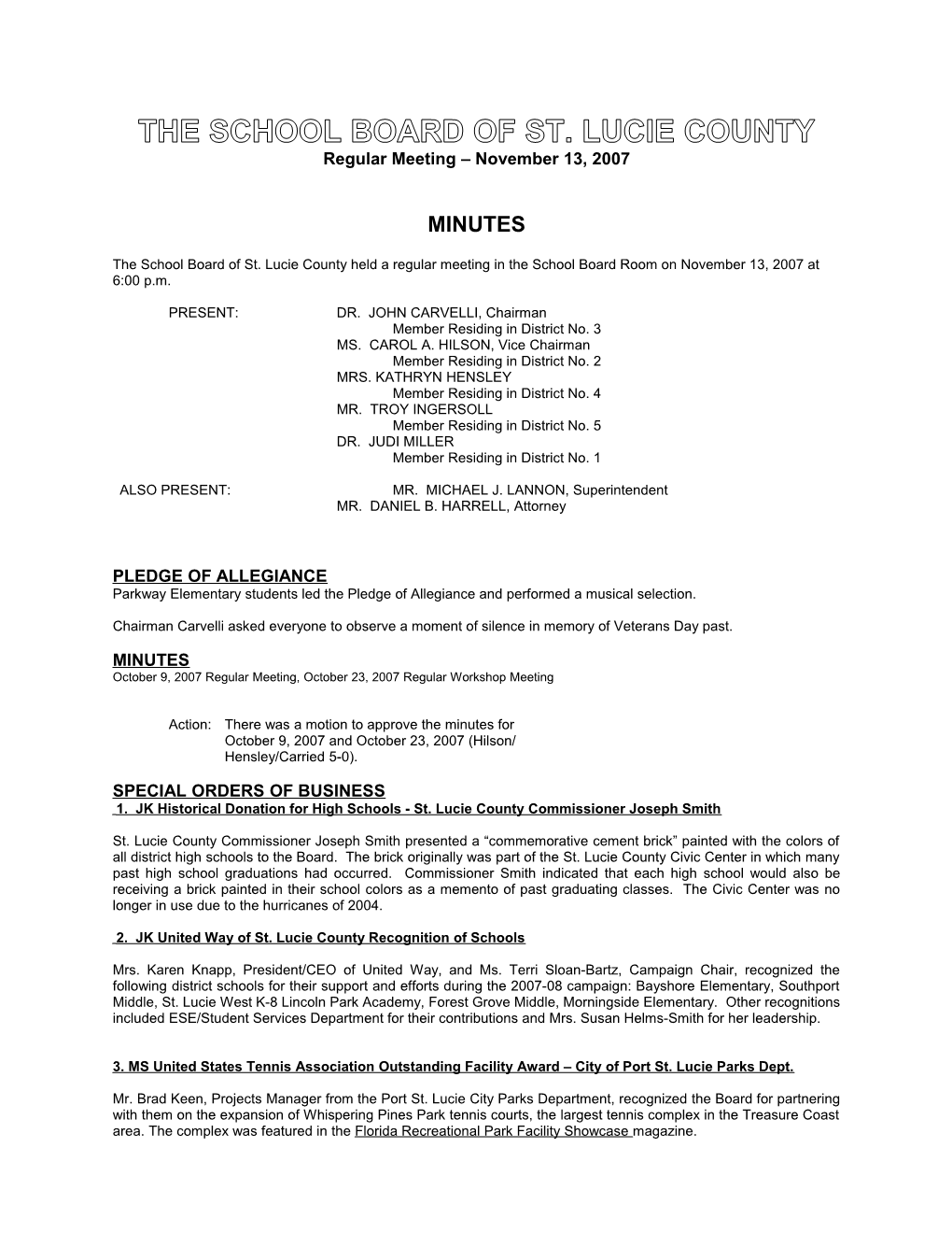 11-13-07 SLCSB Regular Meeting Minutes