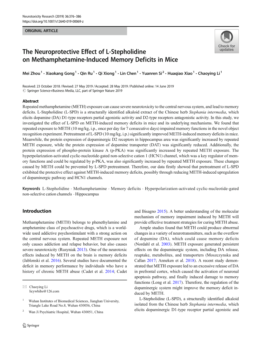 The Neuroprotective Effect of L-Stepholidine on Methamphetamine-Induced Memory Deficits in Mice