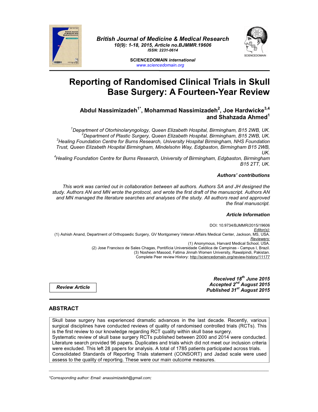 Reporting of Randomised Clinical Trials in Skull Base Surgery: a Fourteen-Year Review