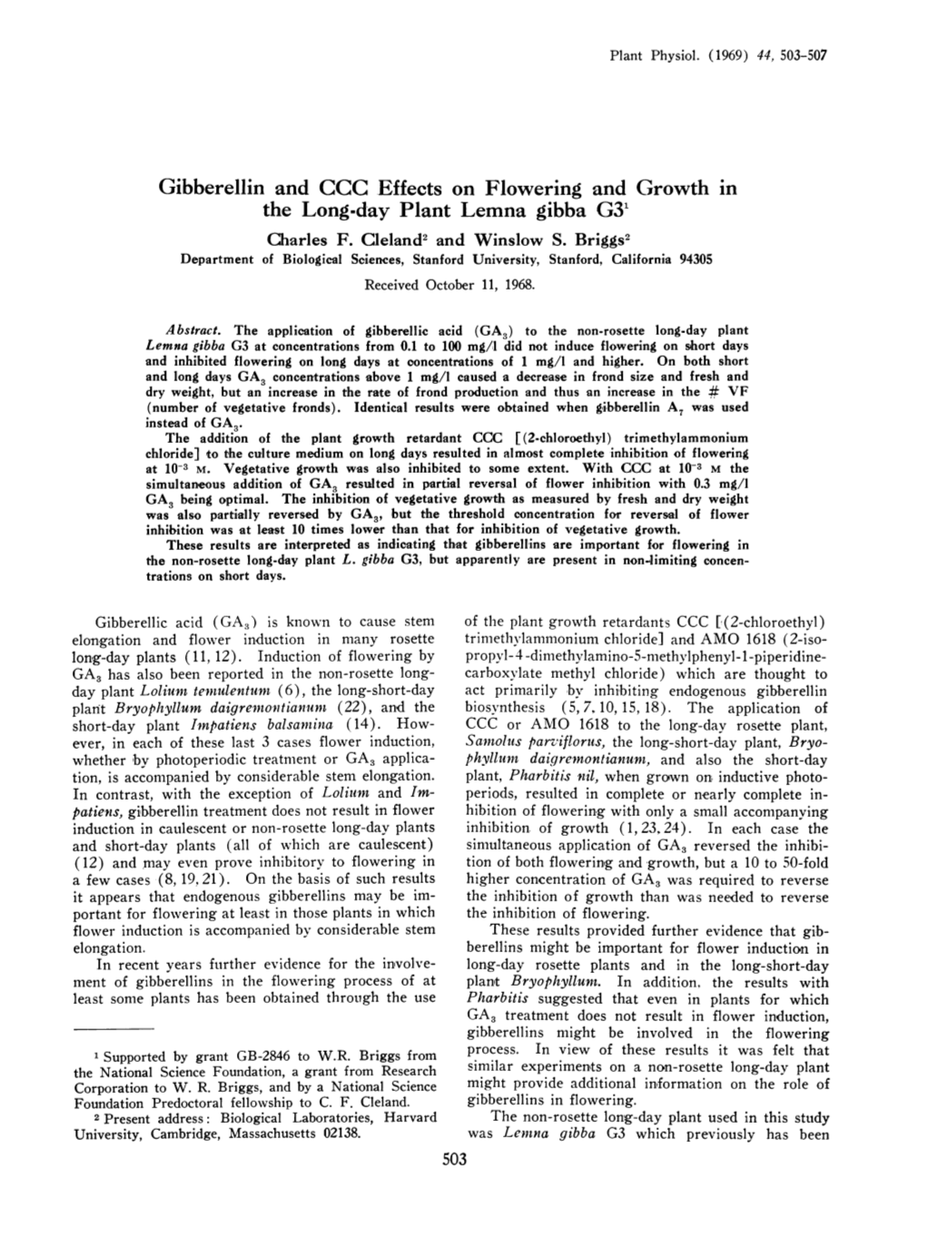 Gibberellin and CCC Effects on Flowering and Growth in the Long-Day Plant Lemna Gibba G31 Charles F