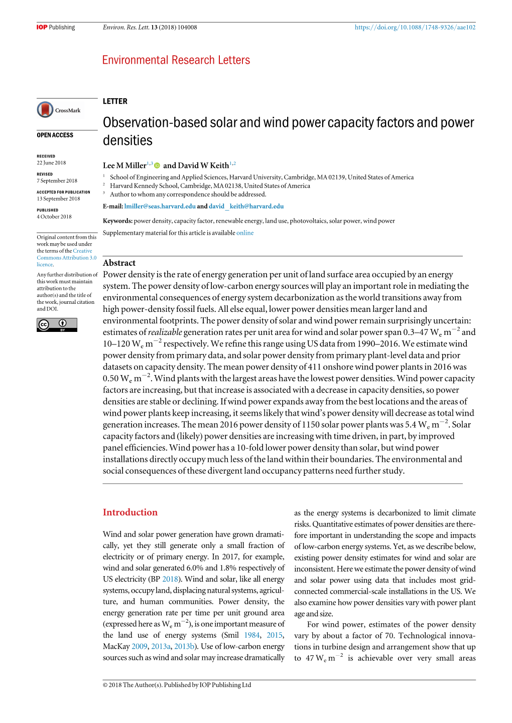 Observation-Based Solar and Wind Power Capacity Factors and Power OPEN ACCESS Densities